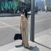 Lunivop Casual Fashion Summer Sleeveless Drawstring Sports Top + High Waist Wide Leg Pants Set